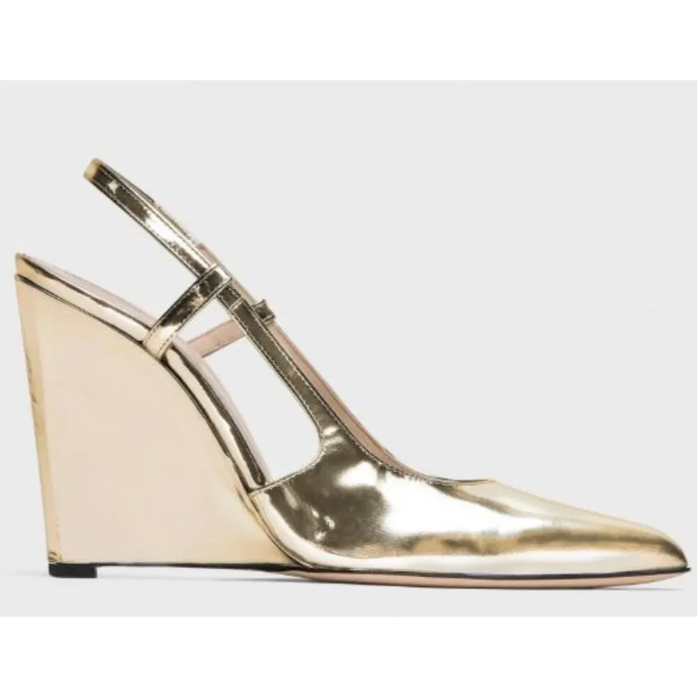 Theory Women's Slingback Wedge Pump in Metallic Leather $395 Sz 38 GOLD